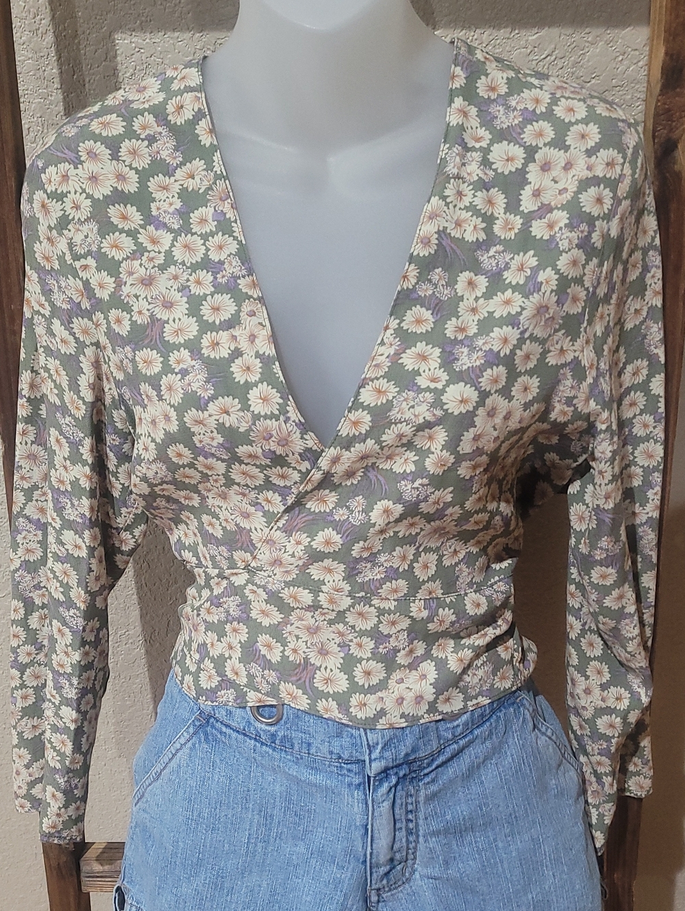 ROLLA'S Sage Floral Wrap Blouse with Daisy Print